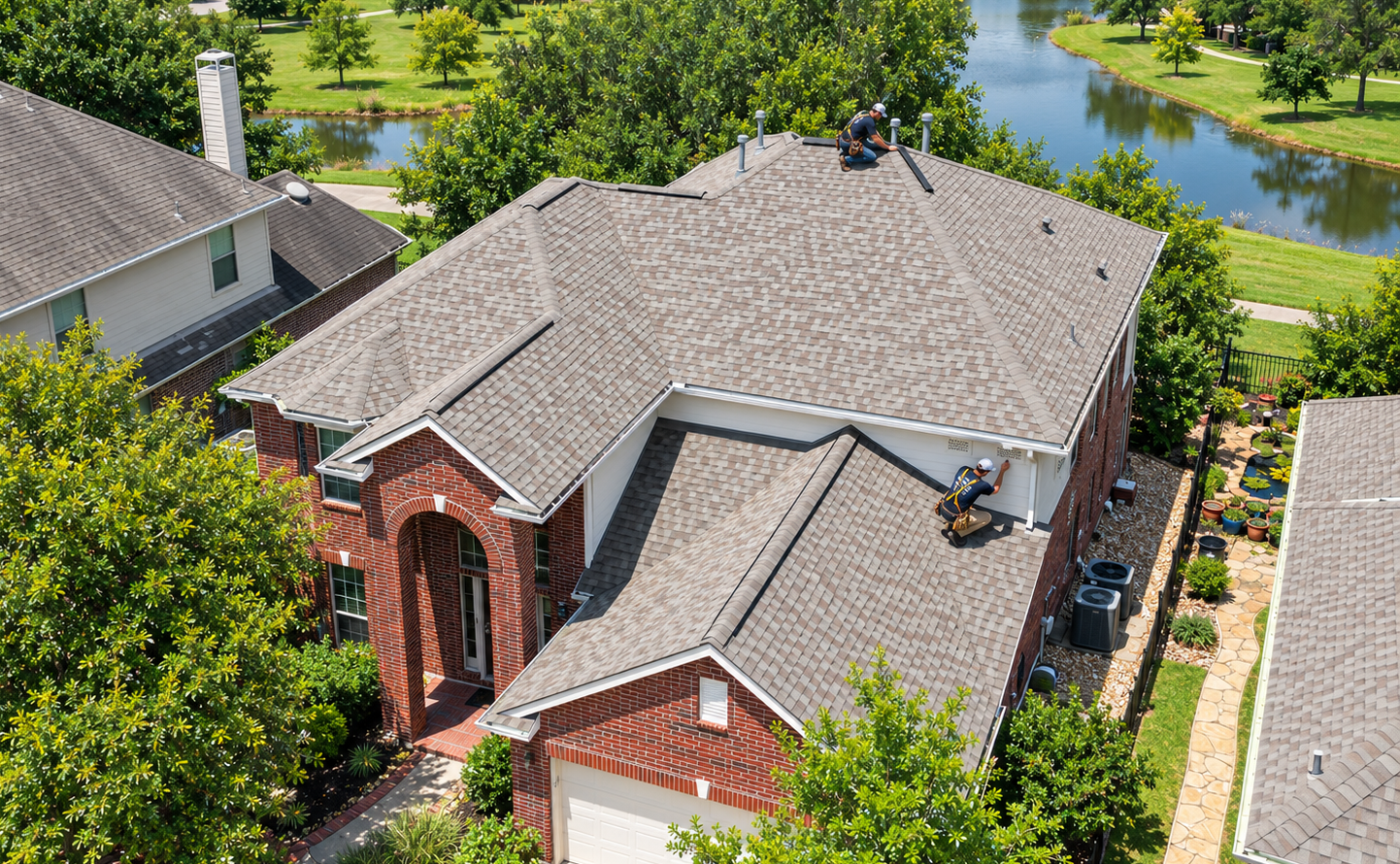 Houston roof heat inspection showing a roofer checking soffit intake, ridge exhaust, and attic insulation in a real home